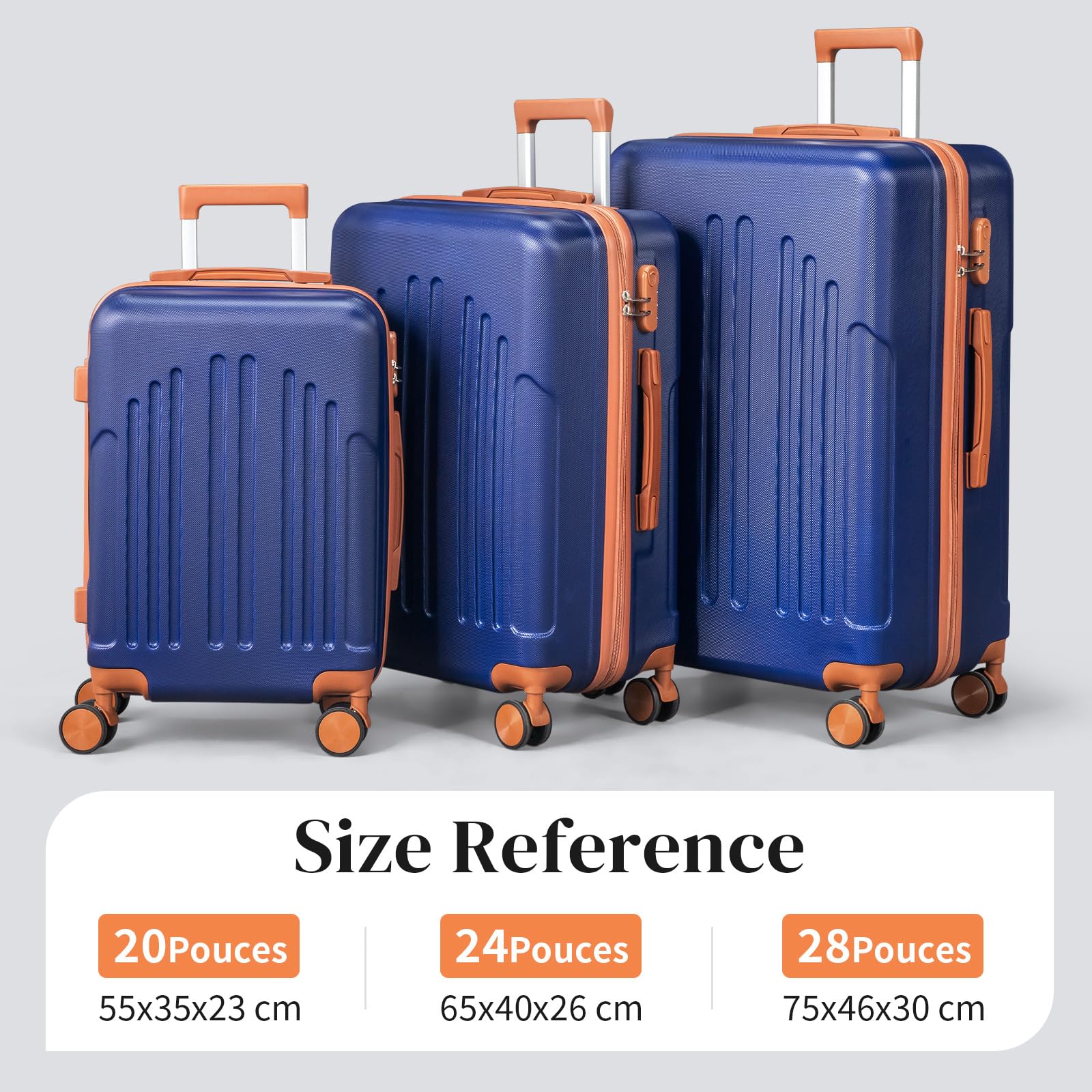 LEADZM Valise Cabine Rigide en ABS Léger, Bagage Cabine 55x35x25, Valise Soute Suitcase de Voyage avec 4 roulettes Spinner (Marine-Brun, M/55cm)