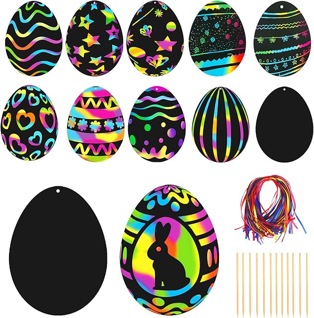PATAZOK 48pcs Egg Scratch Paper Rainbow Magic Scratch Art Notes Paper Easter Scratch Art with 12pcs Wooden Styluses and 48pcs Color Ribbons for Kids Party Gift Bag Fillers DIY Crafts Supplies