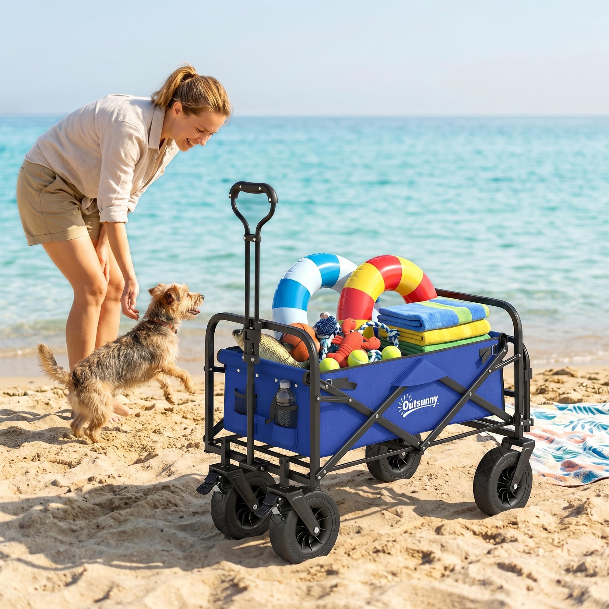 Outsunny Carro de Jardín Carro para Playa Plegable 100 kg Azul Oscuro | Longitud y Ángulo del Mango Ajustables, Puerta Trasera, Bolsa de Transporte, para Compra