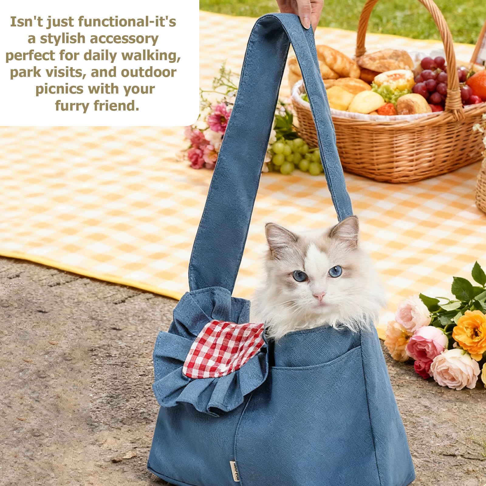 Bolsa transportadora para mascotas estilo picnic, plegable, para perros y gatos, mochila de hombro acolchada ancha con clip de correa a prueba de fugas para viajes al aire libre (azul)
