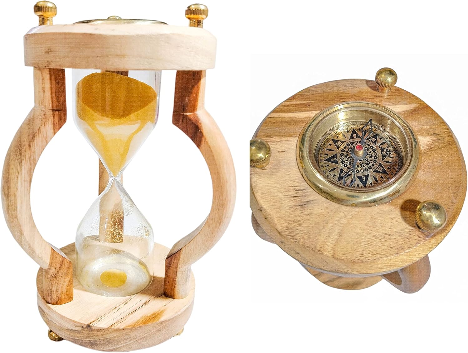 A.A.Nauticals - Wooden Sand Clock 10 Min Hourglass Timer with Compass(Round Base, Yellow)- Wooden Home Decoration, Table Centrepiece - AANST26