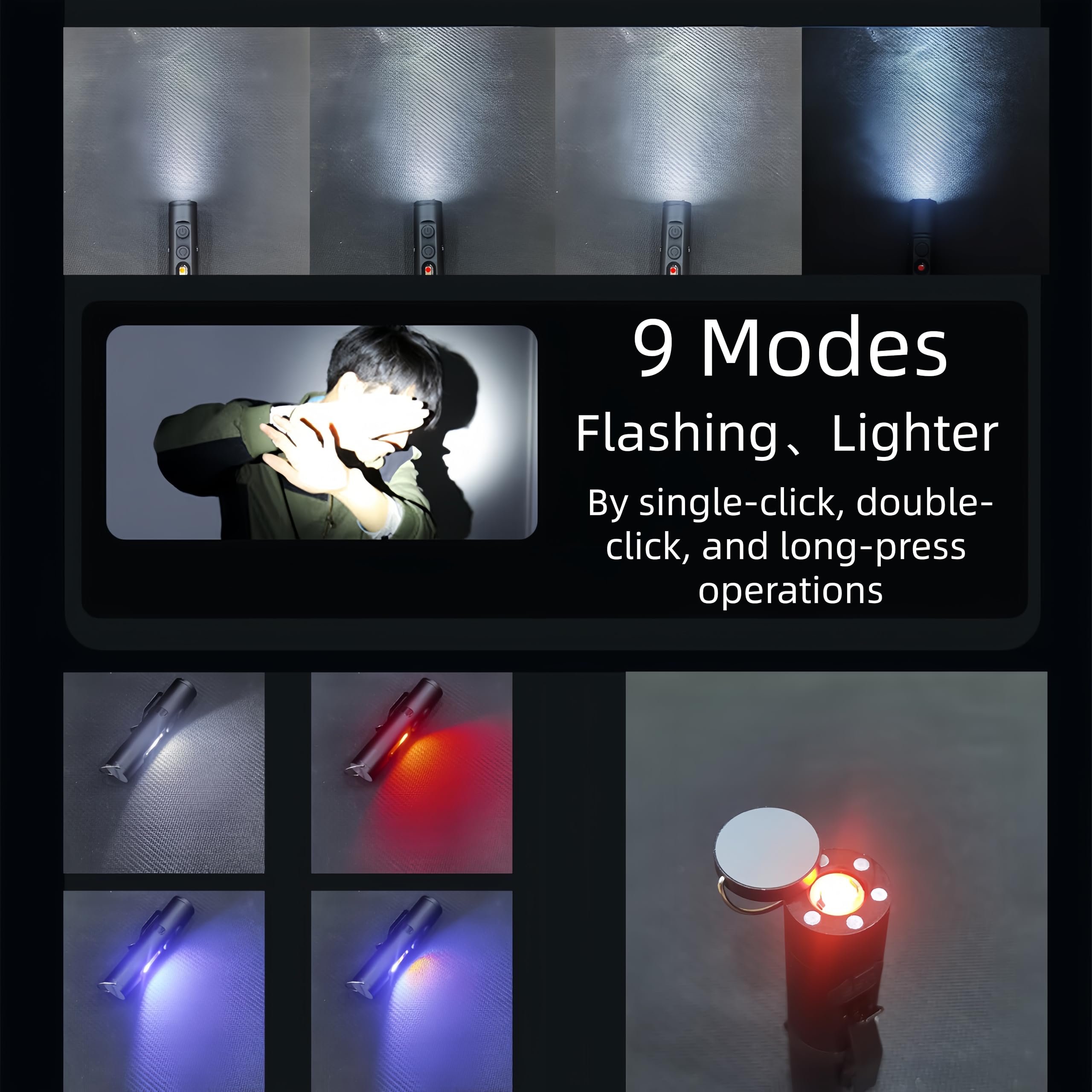 Wiederaufladbare EDC-Taschenlampe, 500 Lumen, Mini-Schlüsselanhänger, Taschenlampe mit Feuerstarter und Fensterbrecher, magnetischer Basis, Hutclip für Camping, Reisen, Notfall (schwarz)