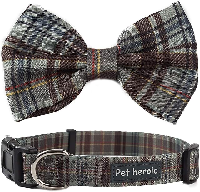 Pet Heroic Pet Dog Cat Collar with Grid Bow tie, Adjustable Plaid Pet Dogs Cats Comfortable Durable Bowtie Collars for Small Medium Large Dogs Cats Coffee S
