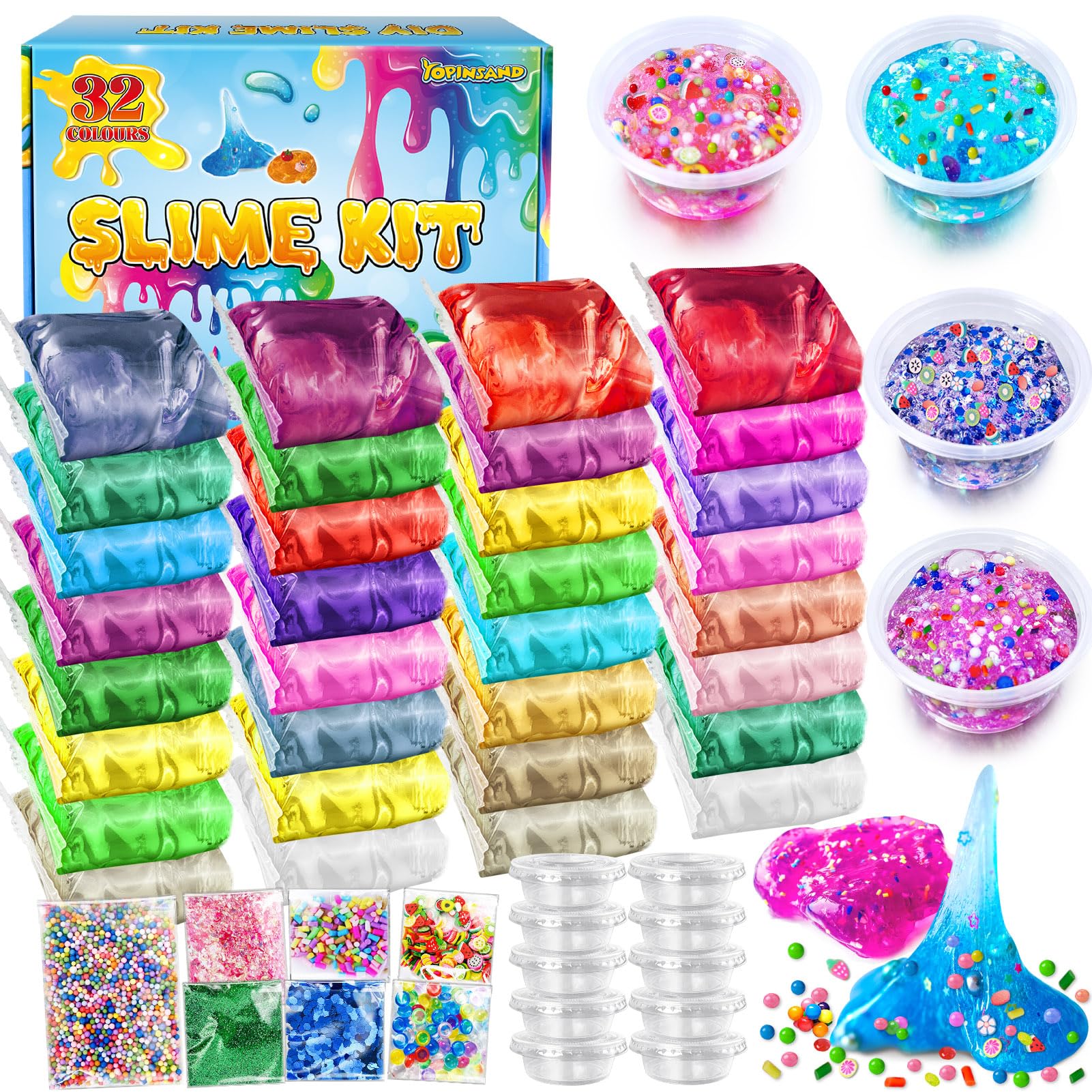 32 Pack DIY Slime Kit, Slime Making Kit for Girls Premade Crystal Clear Slime with Add-ins, Foam Balls, Glitters