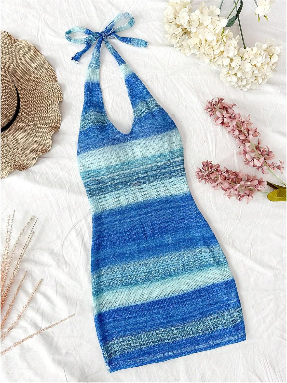 GORGLITTER Women's Crochet Halter Mini Dress Cut Out Colorblock Backless Knit Summer Vacation Beach Cover Up Sundresses - Image 5