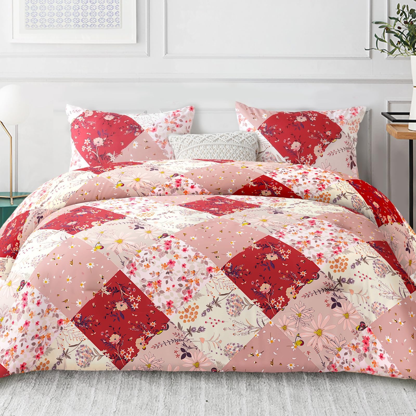 Whale Flotilla King Size Coverless Duvet Set 7.5 Tog, Patchwork Floral Bed Cover Bedding Comforter Duvets Sets for All Seasons, Machine Washable, 220×230CM, Red — image 1