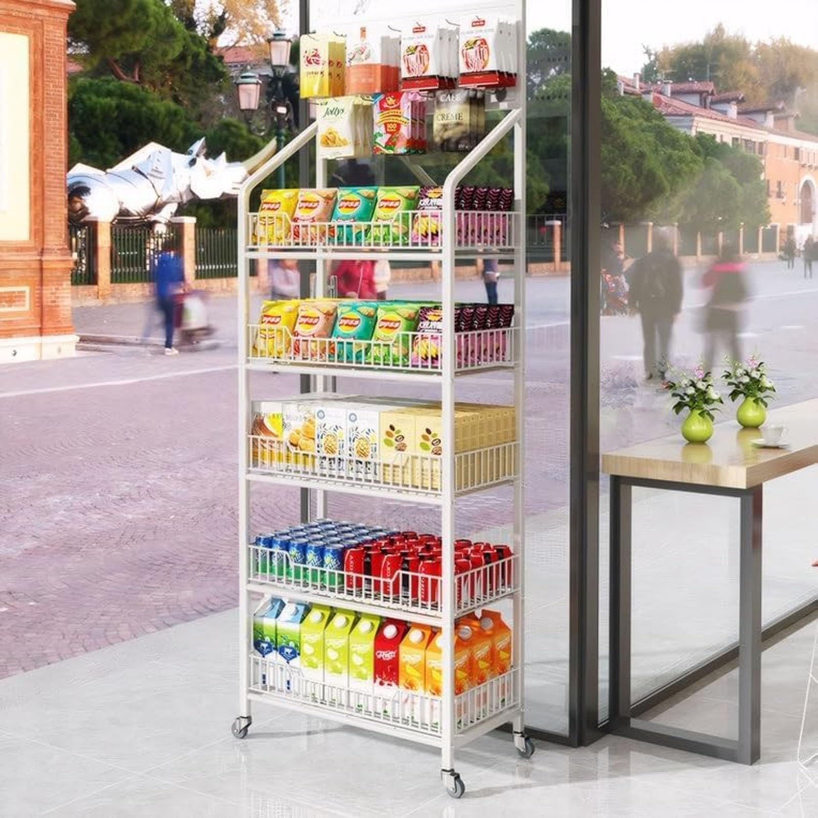 Estantería de 5 Niveles para Tiendas, Organizador de mostrador para Snacks, Estante metálico para Guardar Snacks, Frutas y Herramientas, Estante con Ruedas, Puesto de Venta portátil para CIN
