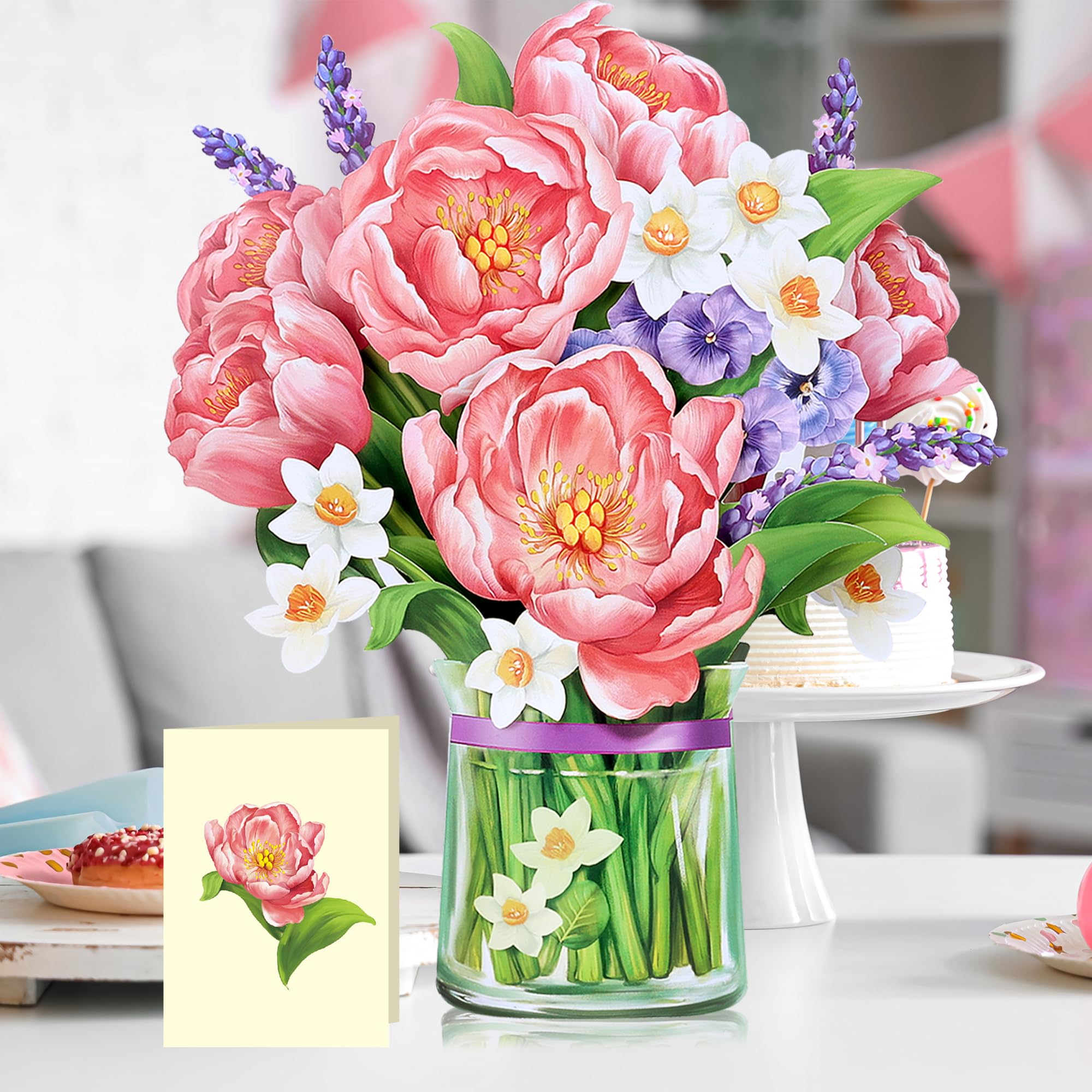 Airpark Papier Pop Up Bouquet Karte Rosa Pfingstrosen Blume Grußkarten 30,5 cm Forever Flower Papier 3D Popup Karten mit Notizkarte und Umschlag für Weihnachten Urlaub Geburtstag Muttertag AP-HK-P