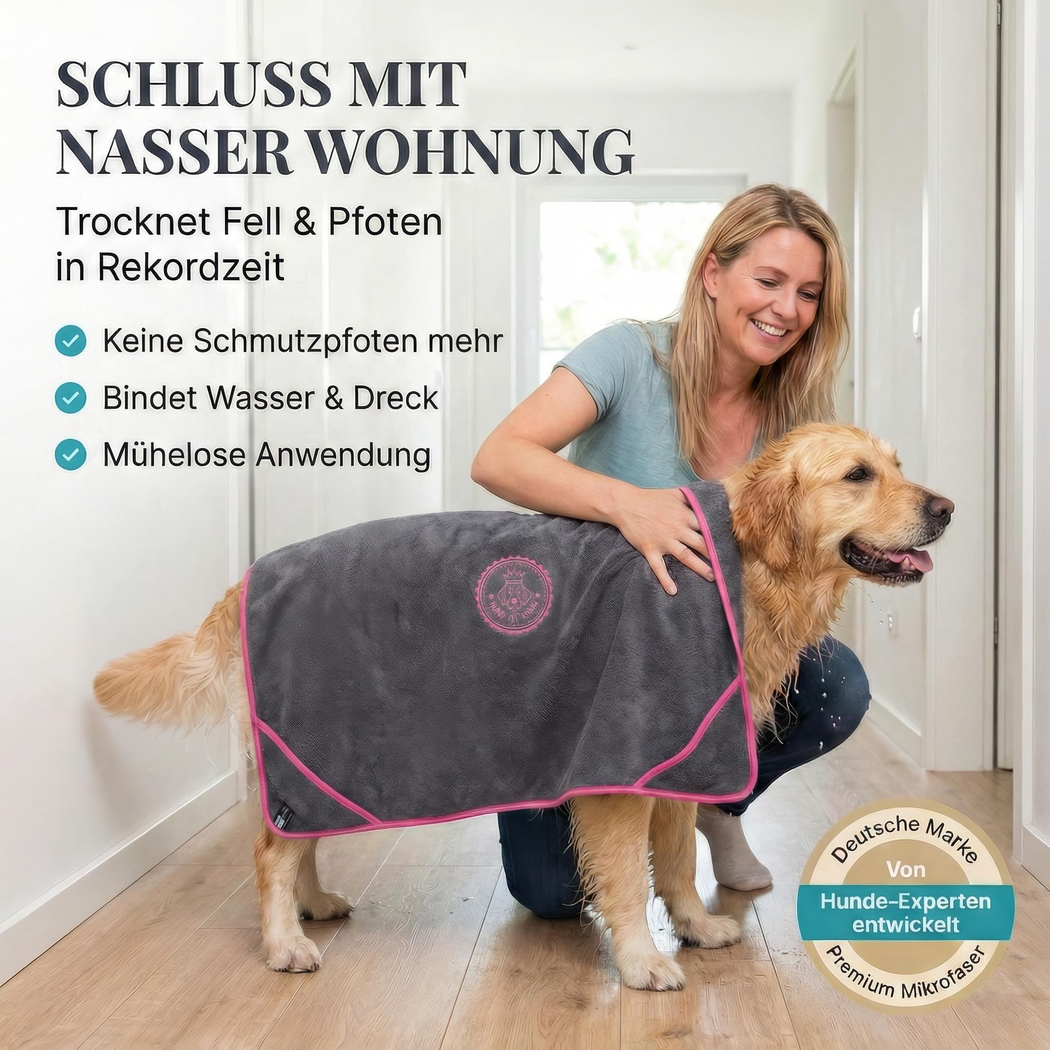 HUND IST KÖNIG Serviette pour Chien de qualité supérieure - Extra absorbante - Ultra Douce et Moelleuse - en Microfibre puissante - avec 4 Poches - Lavable à 60 °C - Séchage Rapide - 130 x 75 cm