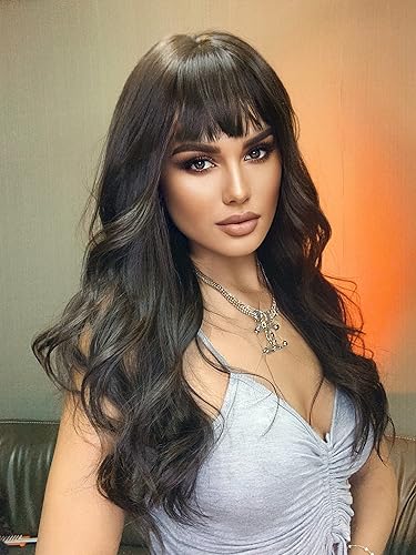 Miniatura 2 de ISHINE Pelucas negras para mujer, peluca sintética ondulada de 24 pulgadas de largo con flequillo, uso diario para fiestas de disfraces y cosplay de