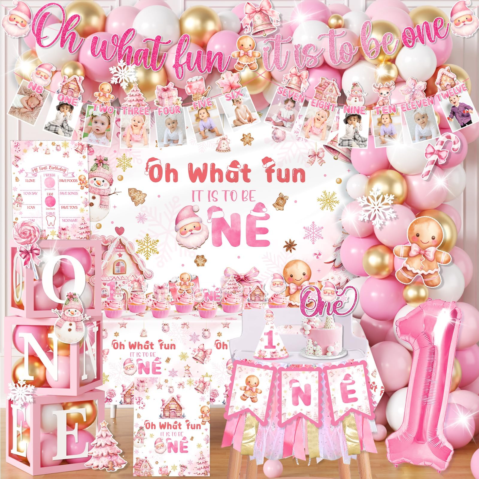 Oh What Fun it is to be One Decorations - 147Pcs Winter Onederland 1st Birthday Girl Balloon Arch Garland Set ,Christmas Pink Gingerbread Party Supplies