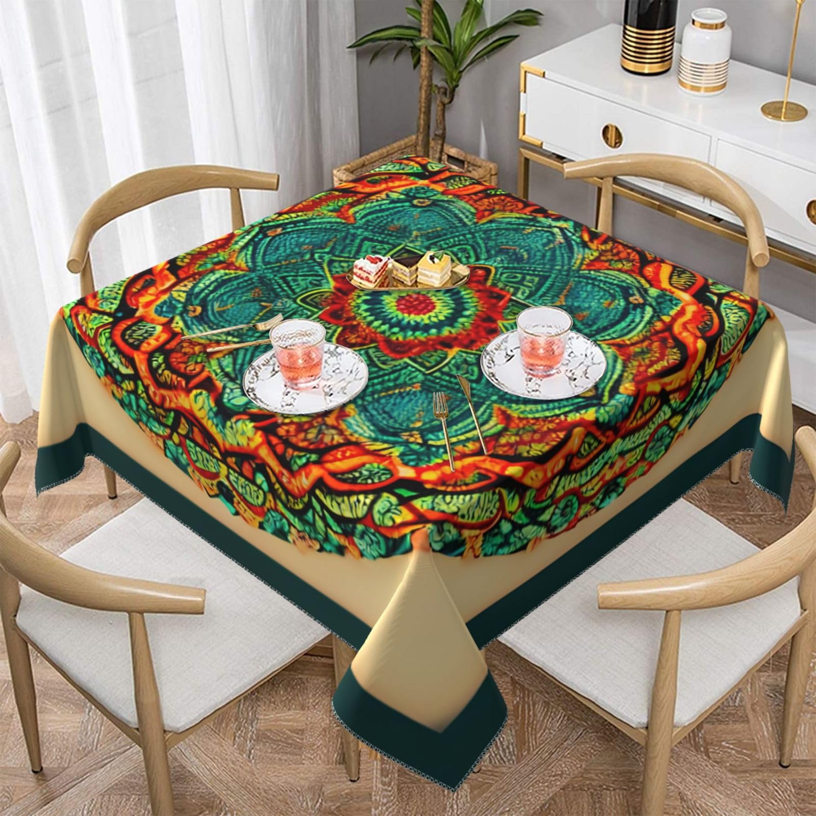 Nappe carrée à imprimé mandala douce nappe infroissable salle à manger
