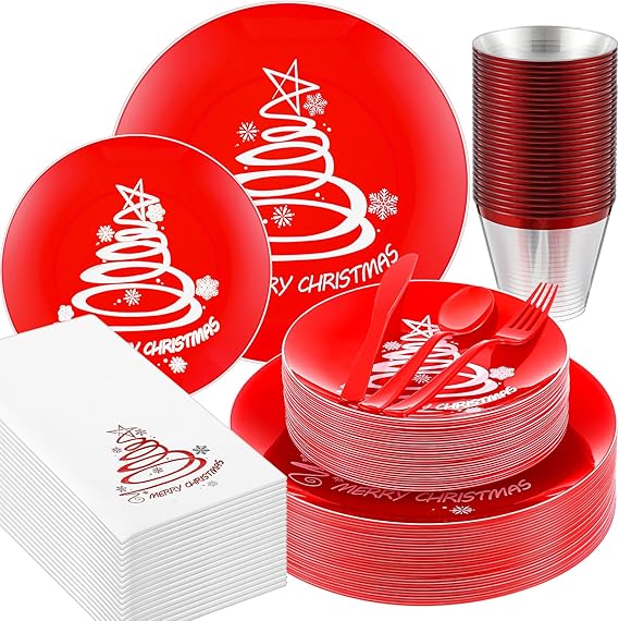 Funnymoom 210 Pcs Christmas Plastic Dinnerware Sets