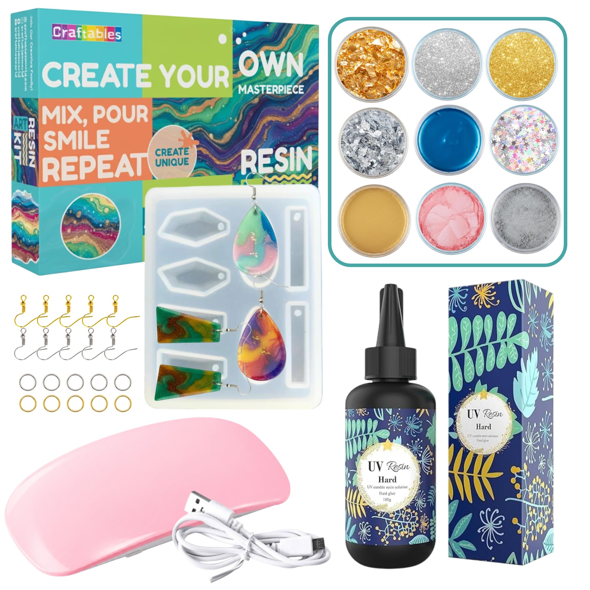 Craftables UV Resin Jewelry Making Kit with UV Lamp, 100g, Silicone Earring Mould, Glitter Pigments & Accessories for DIY Resin Art, Earrings & Craft Making Kit, (Cures in 2 Minutes)-picture-11