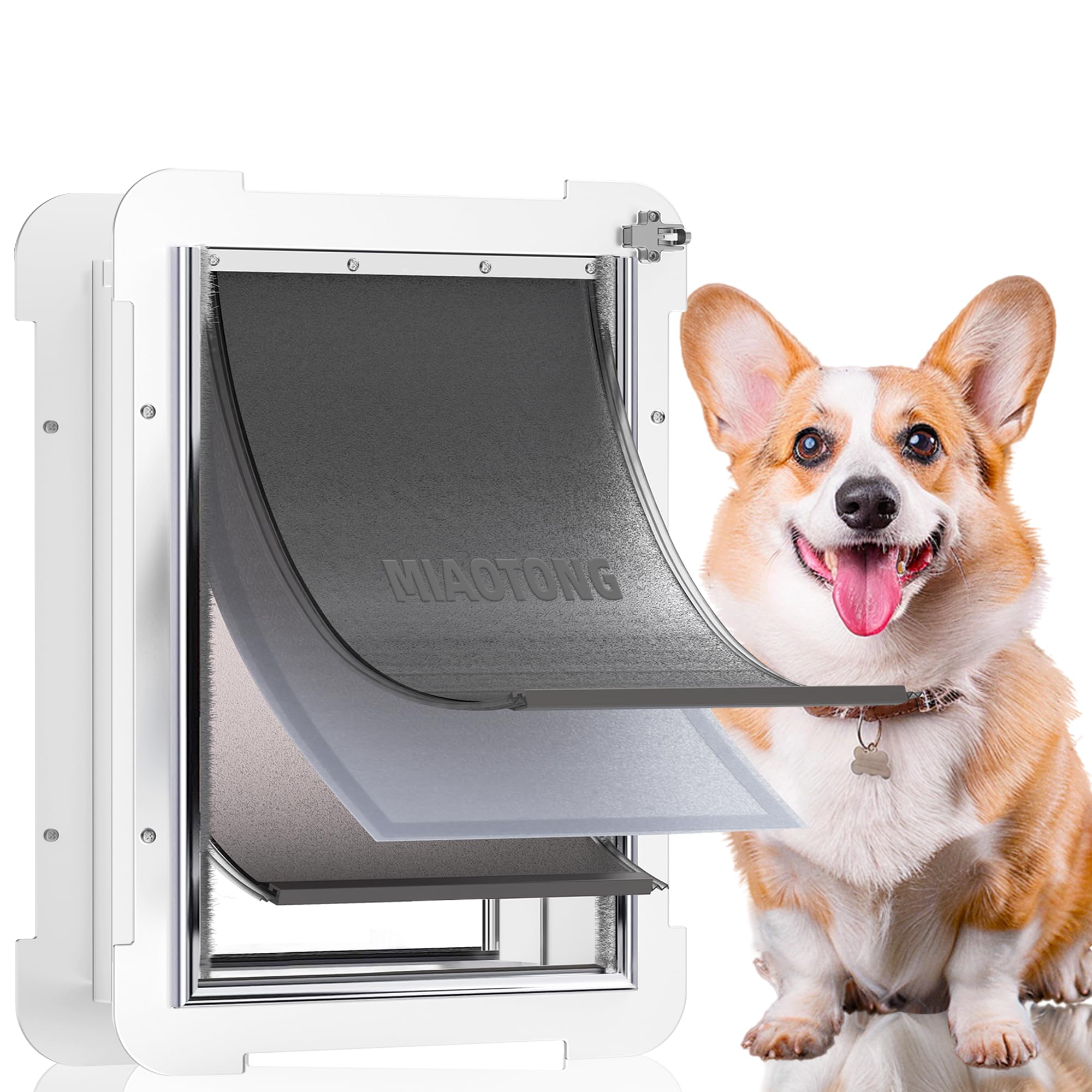 3-Flap Medium Dog Door for Door with Metal Sliding Lock Panel, Energy Efficient Pet Door with Steel Frame, Telescoping Tunnel,Never Rust Ruff Weather Doggie Door （Pets Up to 40 Lb）