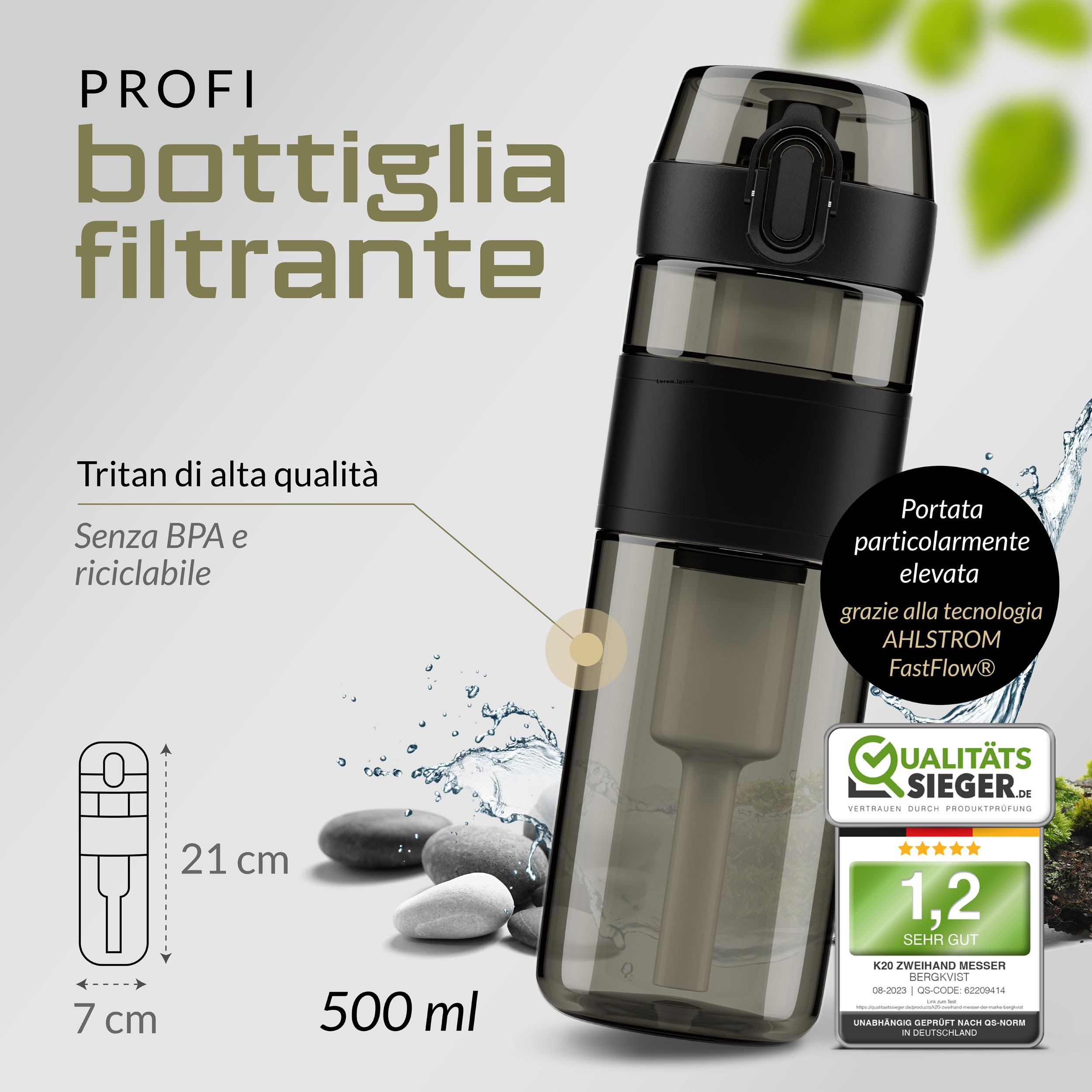 BERGKVIST® Bottiglia con filtro per acqua da esterno FJÄLLKLAR (500 ml) - borraccia con filtro di AHLSTROM® per acqua potabile pulita per campeggio, escursioni e sopravvivenza - Nero