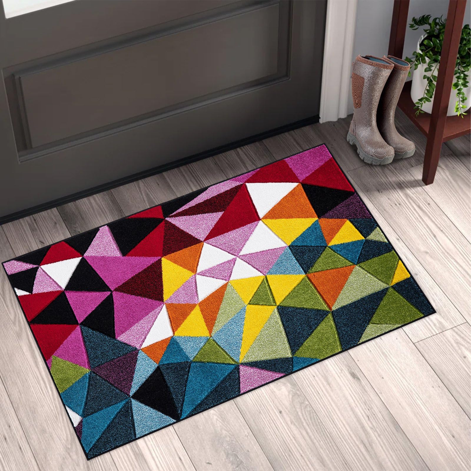 renoazul® Multicoloured Large Door Mat for Entrance, Hallway and Kitchen, 60 x 110 cm, Geo Play, Soft Thick Pile Fluffy Thick Plush Geometric Pattern Mat — image 1