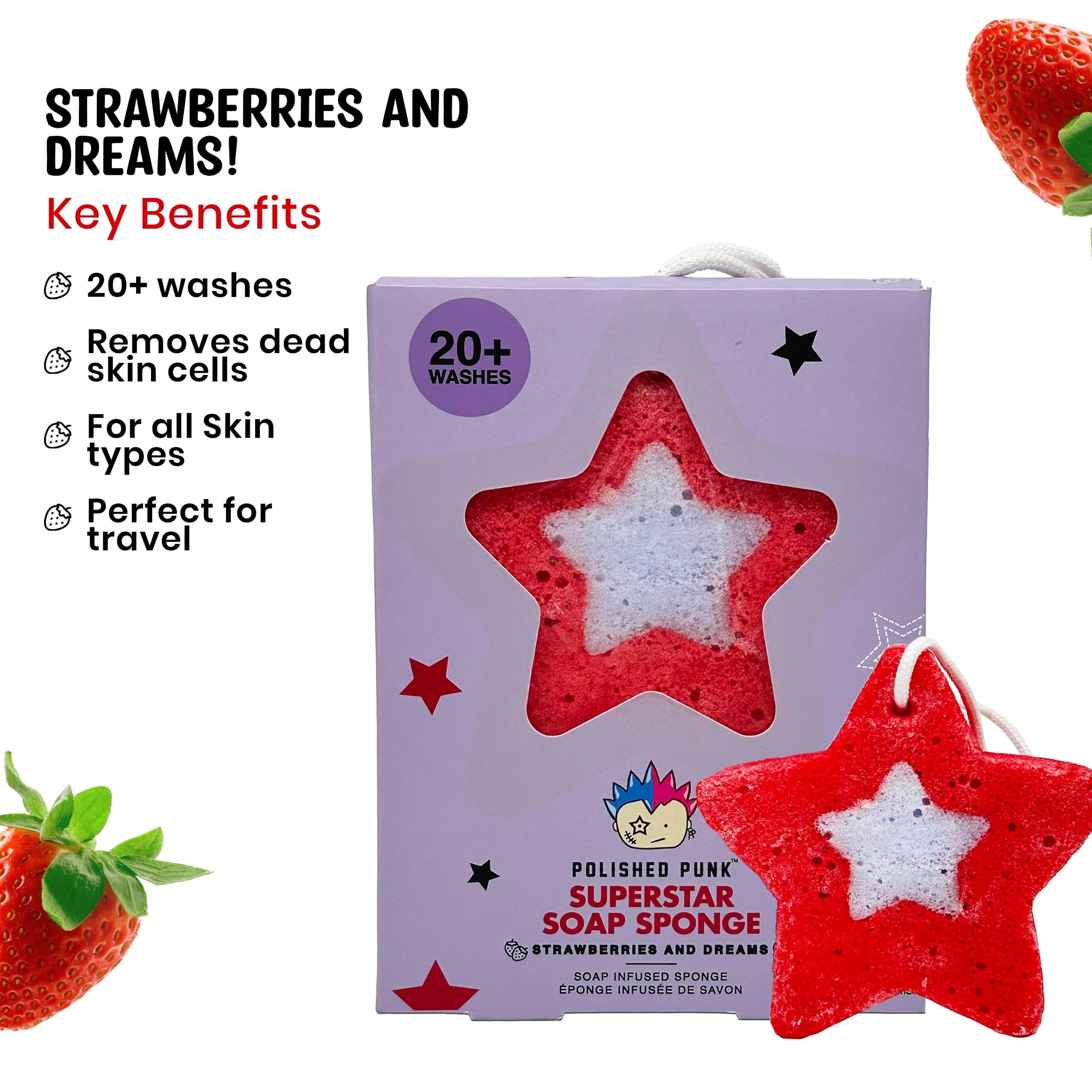 Esponja natural con infusión de jabón para niños y adolescentes, suave con la piel, más de 20 usos (fresas y sueños)