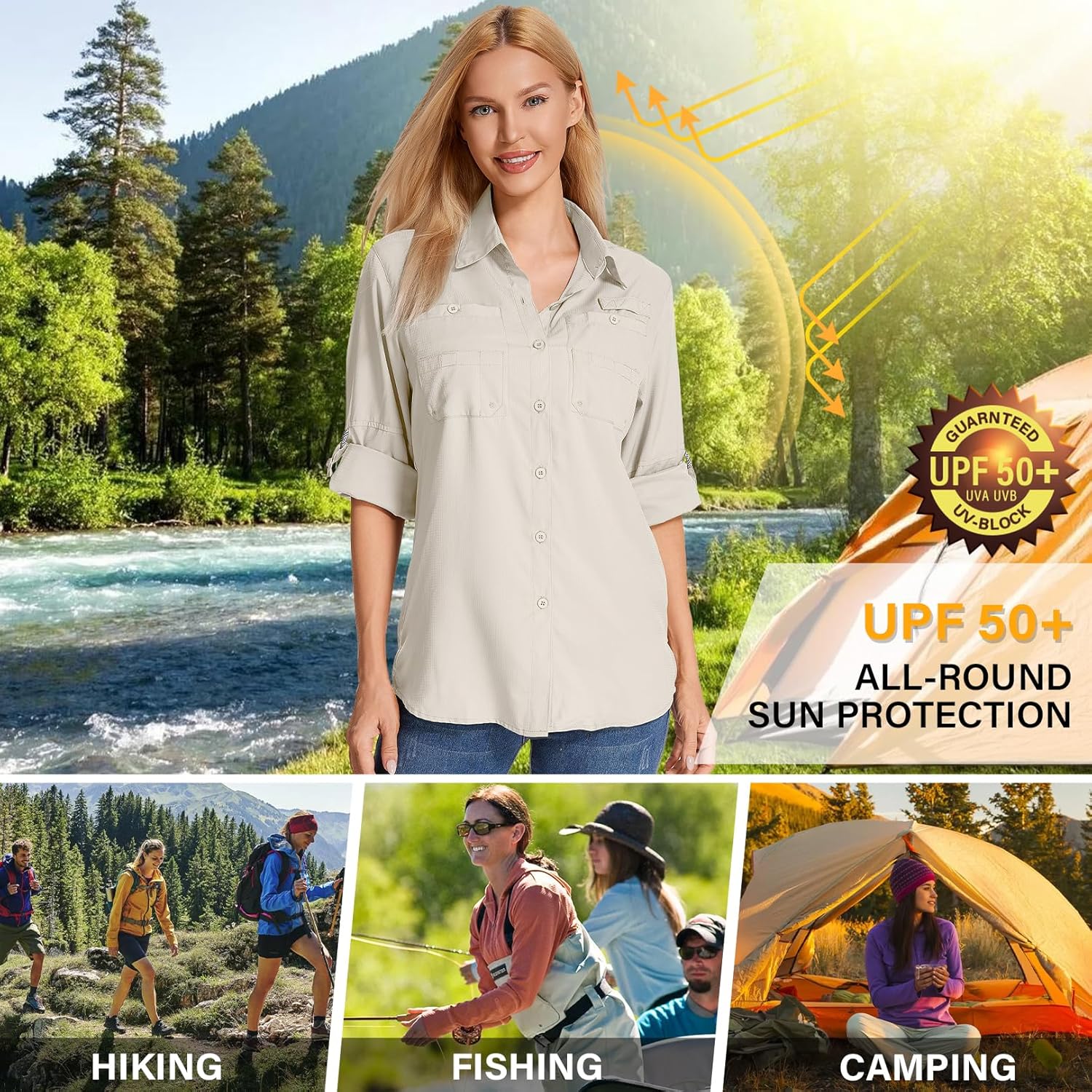 Womens Long Sleeve Sun Protection Hiking Fishing Shirts UPF 50+ UV Lightweight Quick-Dry Safari Shirts Womens Outdoor - Image 5