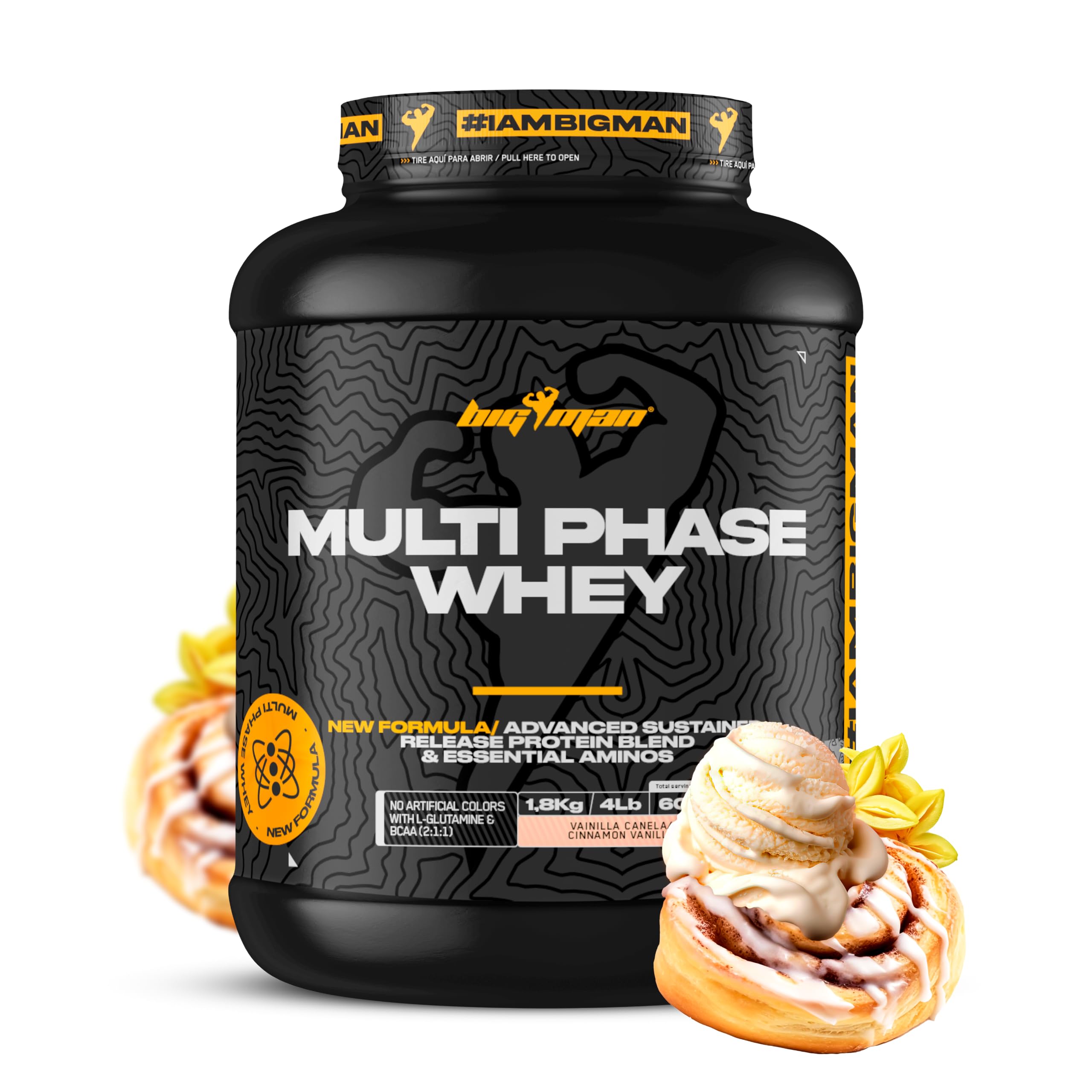 BigMan | Multi-Phase | Proteína Secuencial | Proteína de Suero de Leche | Aislado de Proteína | Caseinato Calcico | Colageno | Gana Masa Muscular (Vainilla Canela)