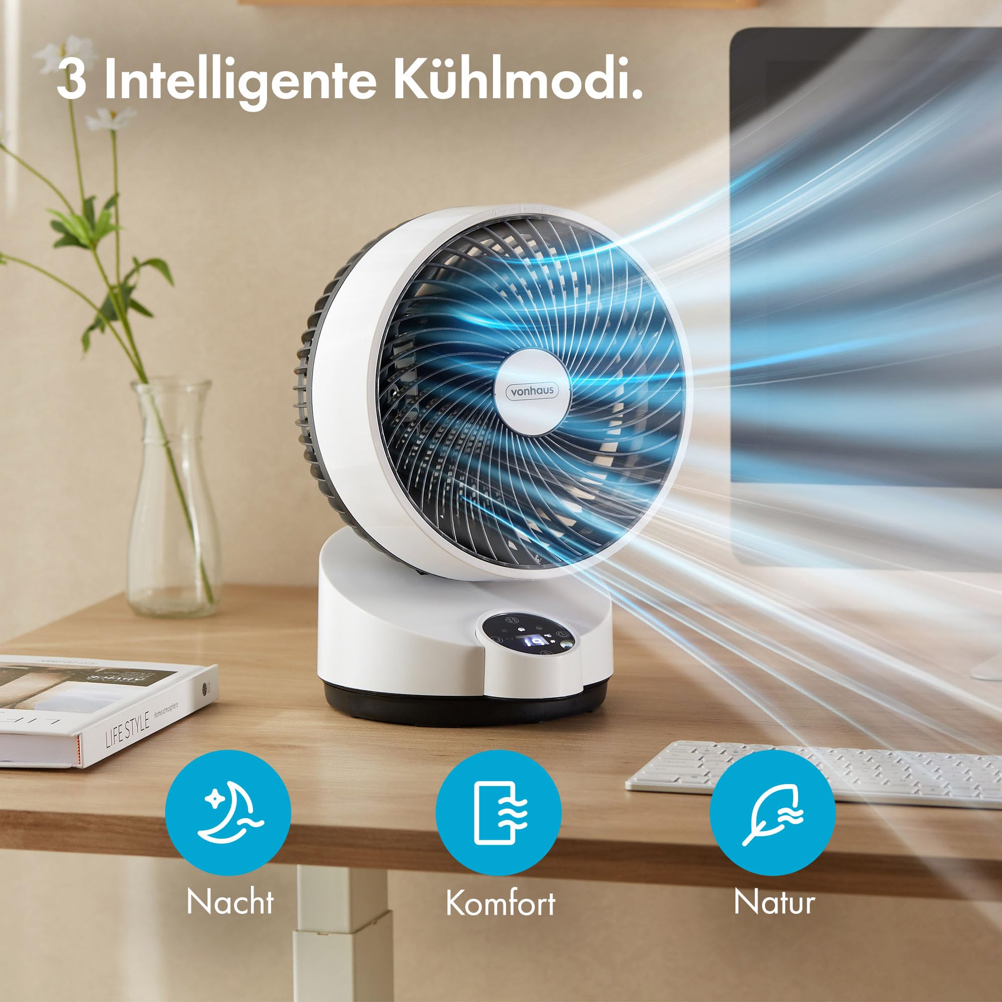 VonHaus Umluft Ventilator Leise Tischventilator 3 Geschwindigkeitsstufen 3 Modi Fernbedienung 12-h-Timer 60° Schwenkfunktion LED-Display