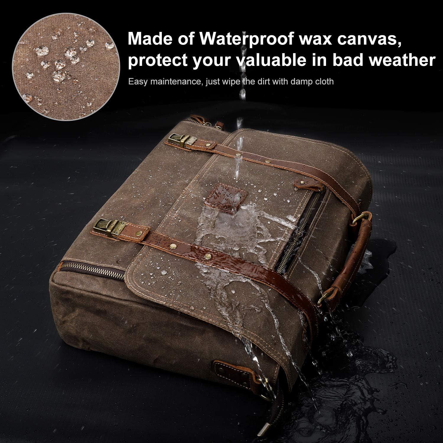 Manificent Laptop Messenger bag for Mens 15.6 Inch, Waterproof Vintage Genuine Leather Mens Briefcase shoulder bag 16 Storage Pockets, Waxed Canvas Leather Computer Business Satchel Work Bag (Brown) : Electronics