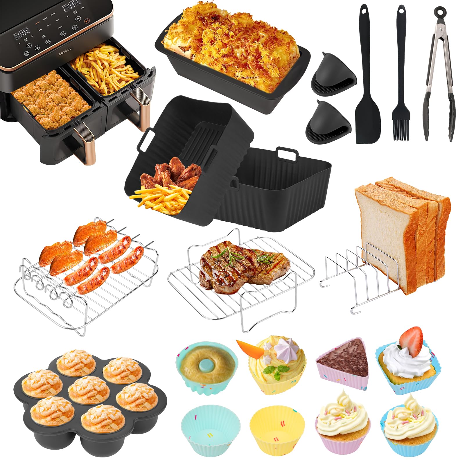 COSORI Freidora de aire caliente Accesorios para COSORI Dual Blaze Airfryer 8,5 L, accesorios para airfryer contienen molde de silicona freidora de aire caliente, parrilla, moldes de silicona y otros