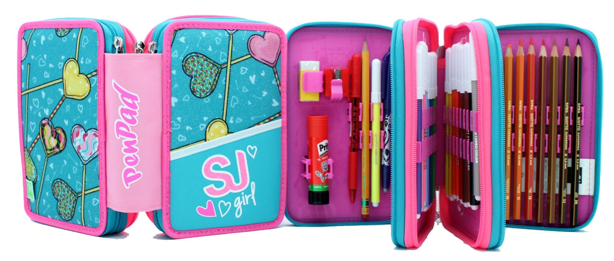 SJ Girl Gang Seven 3 Zip Pen Pad Light Blue High Tech Pencil Case, red