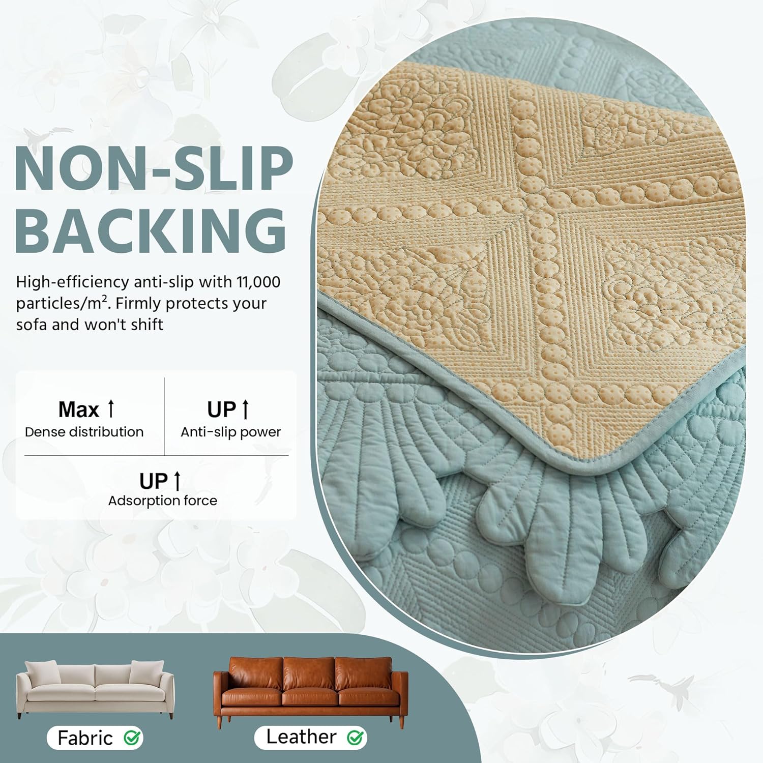 OTOB Couch Arm Covers Sofa Arm Cover Cotton Quilted Washable, Non Slip Soft Thick Recliner Arm Chair Covers, Rustic Farmhouse Embroidery Furniture Protector Slipcovers, 1 Piece (Blue, 27.6"x27.6")