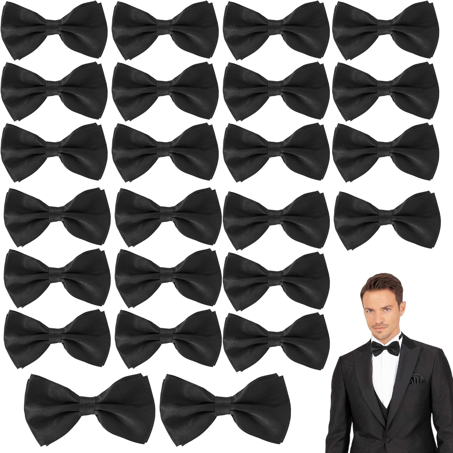 24 Pcs Men's Bow Satin Solid Ties Formal with Adjustable Neck Band Bow Ties,Black Bow Ties for Men for Wedding Celebration Party (Black)