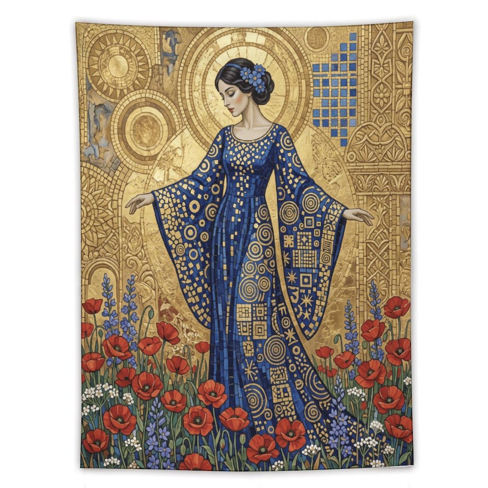 Poppy Golden Mosaic Woman Wall Tapestry, Mosaic, Ornate Floral Halo