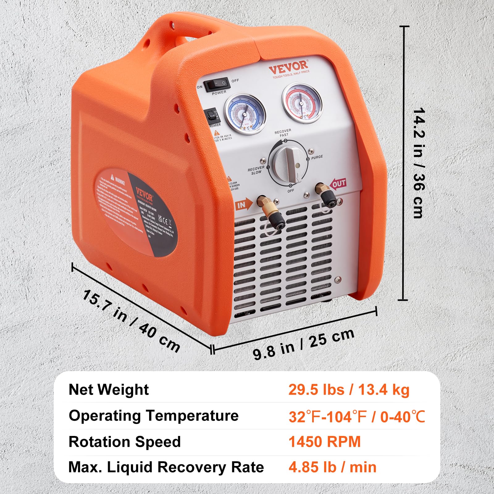 VEVOR Máquina de Recuperación de Refrigerante Portátil 3/4 HP Máquina de Recuperación con Protección de Alta Presión 2,2 kg/min Velocidad de 1450 RPM Autolimpieza para Vapor Líquido Refrigerante