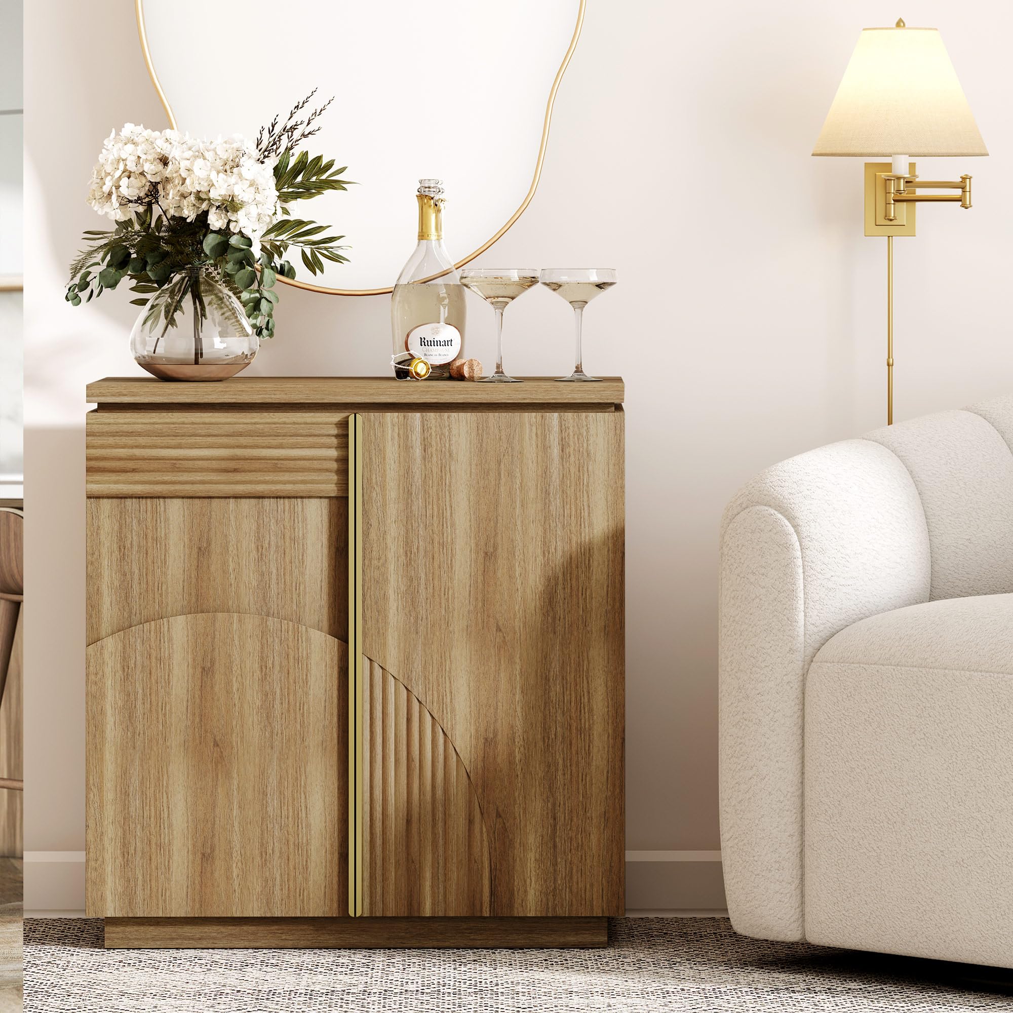 BELLEZE 31 Inch Mid Century Modern Sideboard Cabinet, Wood Arched Accent Buffet Cabinet with Storage, Credenza Console Table for Dining Room, Kitchen,