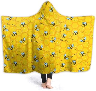 Honeycomb Cute Bee Yellow Hooded Blankets for Couch Sofa Throw Bees Wearable Blanket Super Soft Lightweight Warm Gift for Kids Women - 50"x60" for Teens