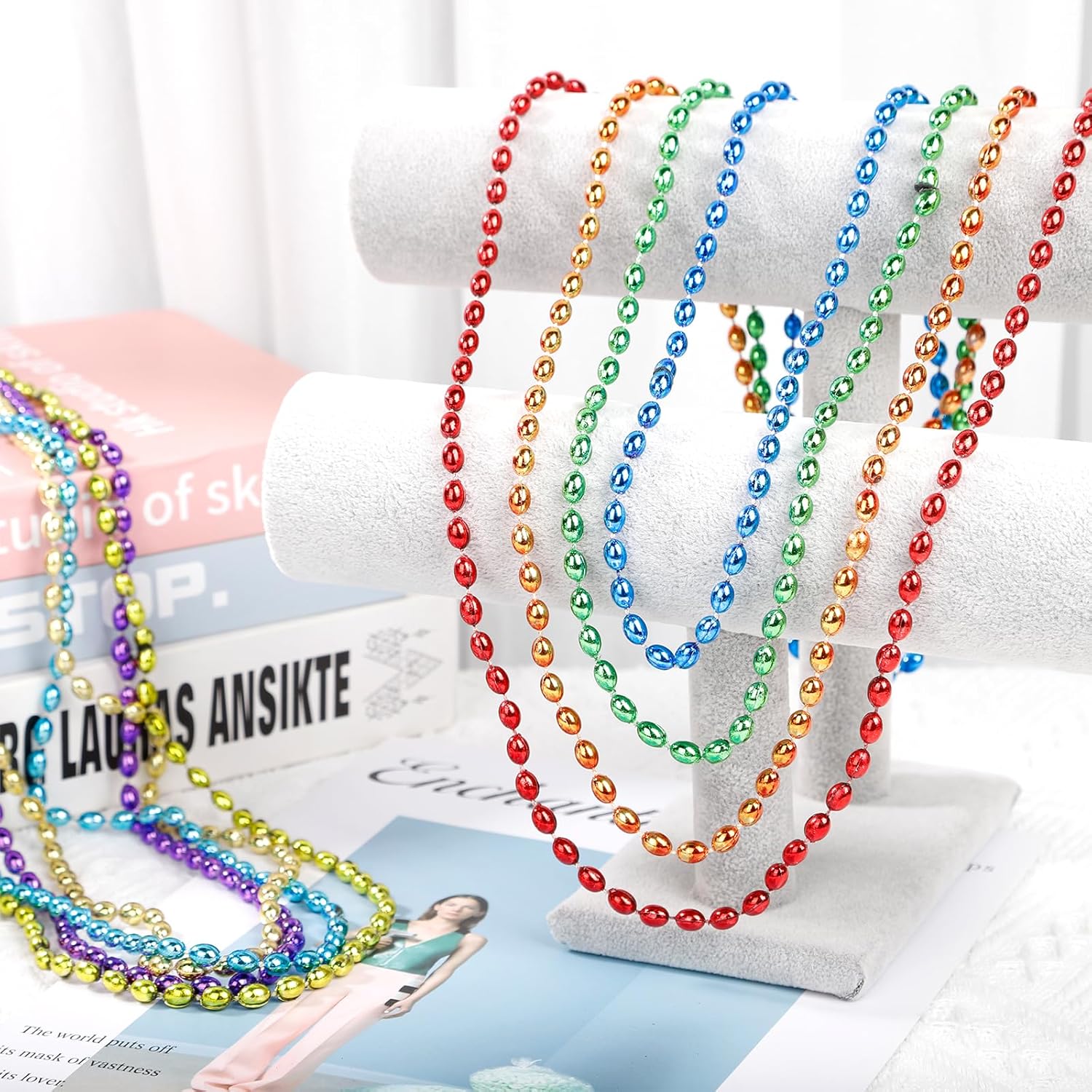 48 Pack Mardi Gras Beads Necklaces, 30 Inch Plastic Beads for Party Favors, Festival Decorations, Parade Throws, Christmas, St. Patrick's Day Celebrations (Oval, 8 colors) - Image 6