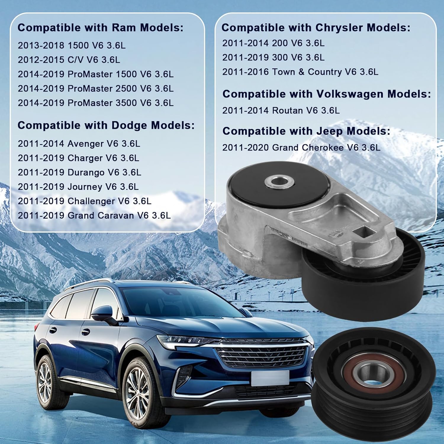 39282 + 38082 Drive Belt Tensioner with Idler Pulley Replacement for Chrysler Town & Country 2011-2016, Dodge Challenger Charger Durango, Jeep Grand Cherokee, Ram 1500, C/V