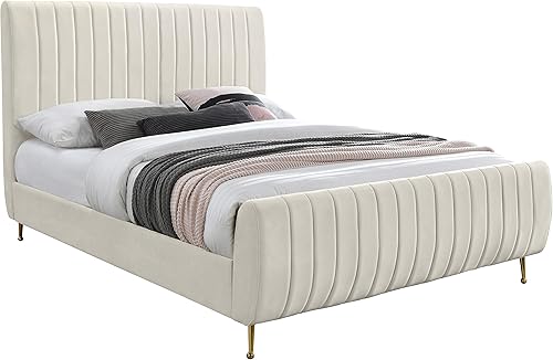 Vista 12 de Meridian Furniture Colección moderna Zara Cama tapizada de terciopelo contemporáneo con acolchonamiento de canal profundo y patas doradas a Gris