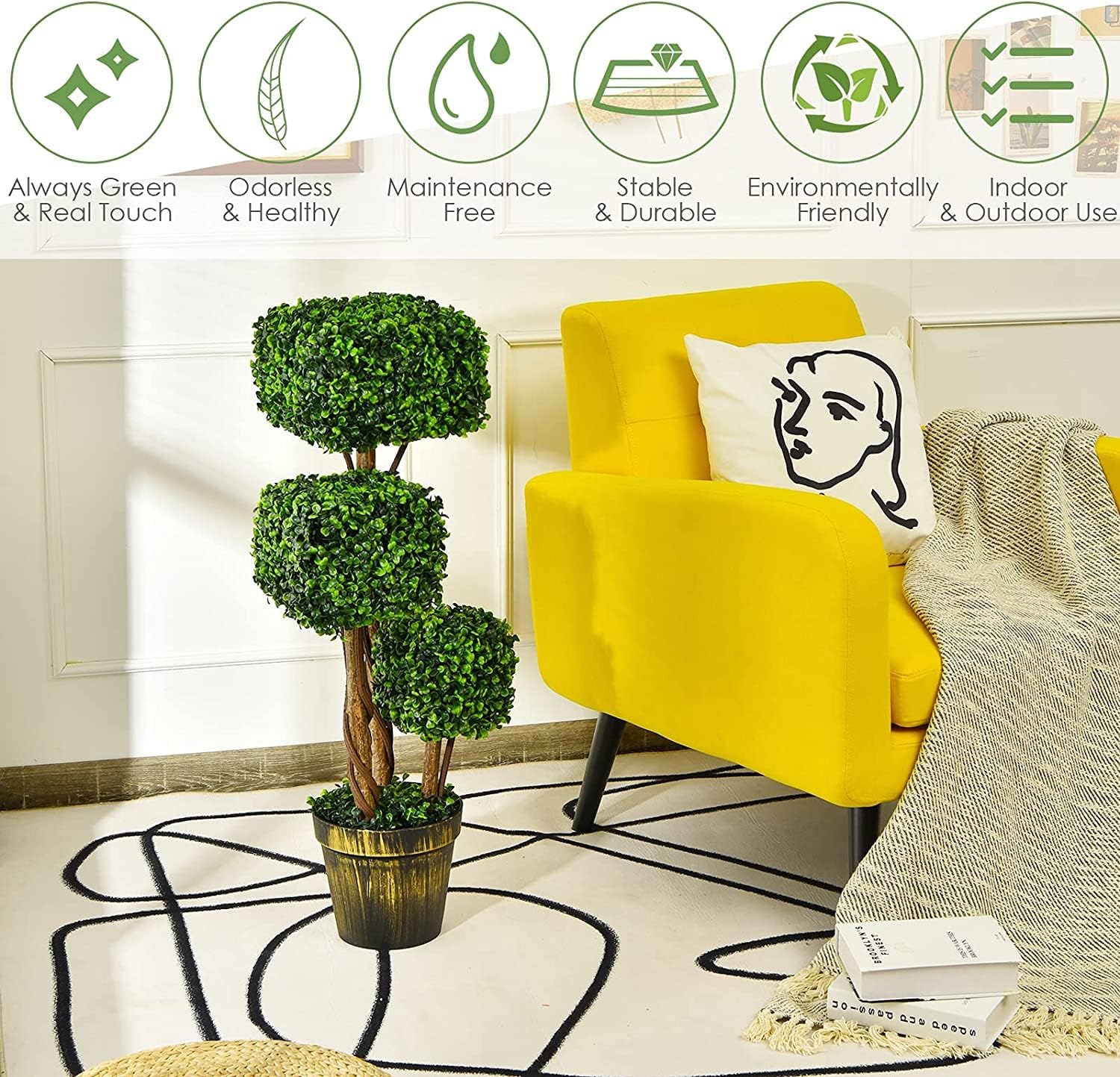 Goplus 36” 2 Pack Artificial Triple Square Shaped Boxwood Topiary Tree W/Cement-Filled Plastic Pot, Fake Plant Faux Greenery Plant Indoor & Outdoor Decoration for Home Office Garden Patio Entrance