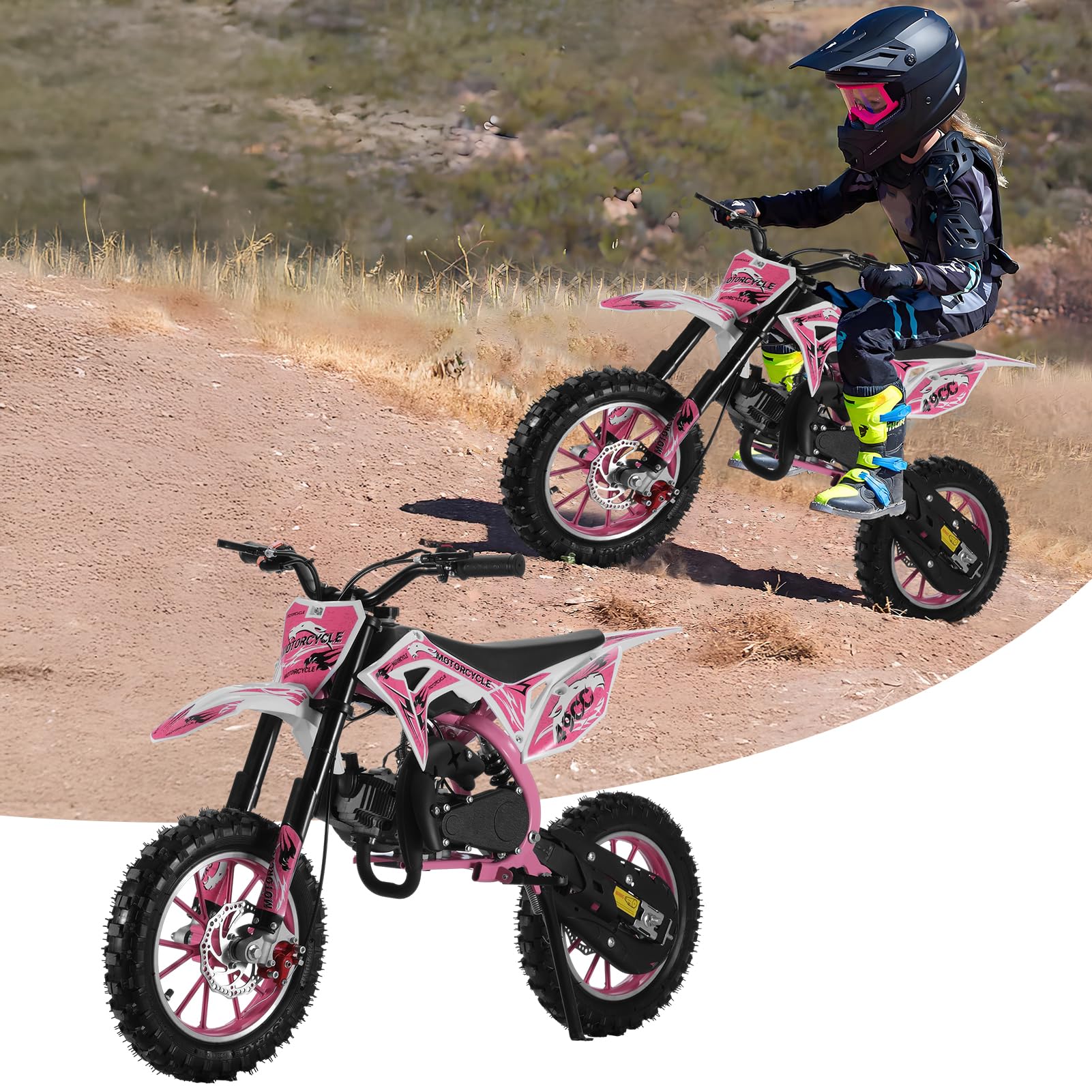 YOXIER 50cc Dirt Bike for Kids, Gas Powered Mini Bike with Speeds up to 40 MPH, Off-Road Trail Motorcycle for Beginners, Comfort Seat Design for Kids, Ideal Dirtbike for Off-Road Conditions (Pink)