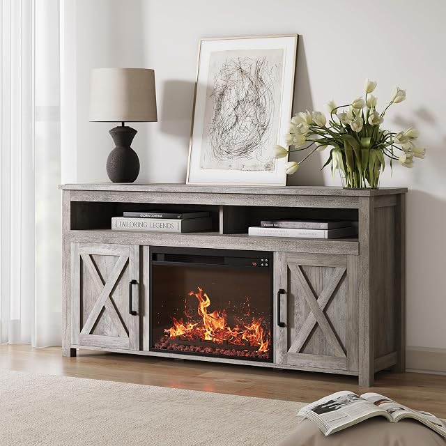 BELLEZE BELLEZE Corin 58" TV Stand with 23" Electric Fireplace - Gray Wash