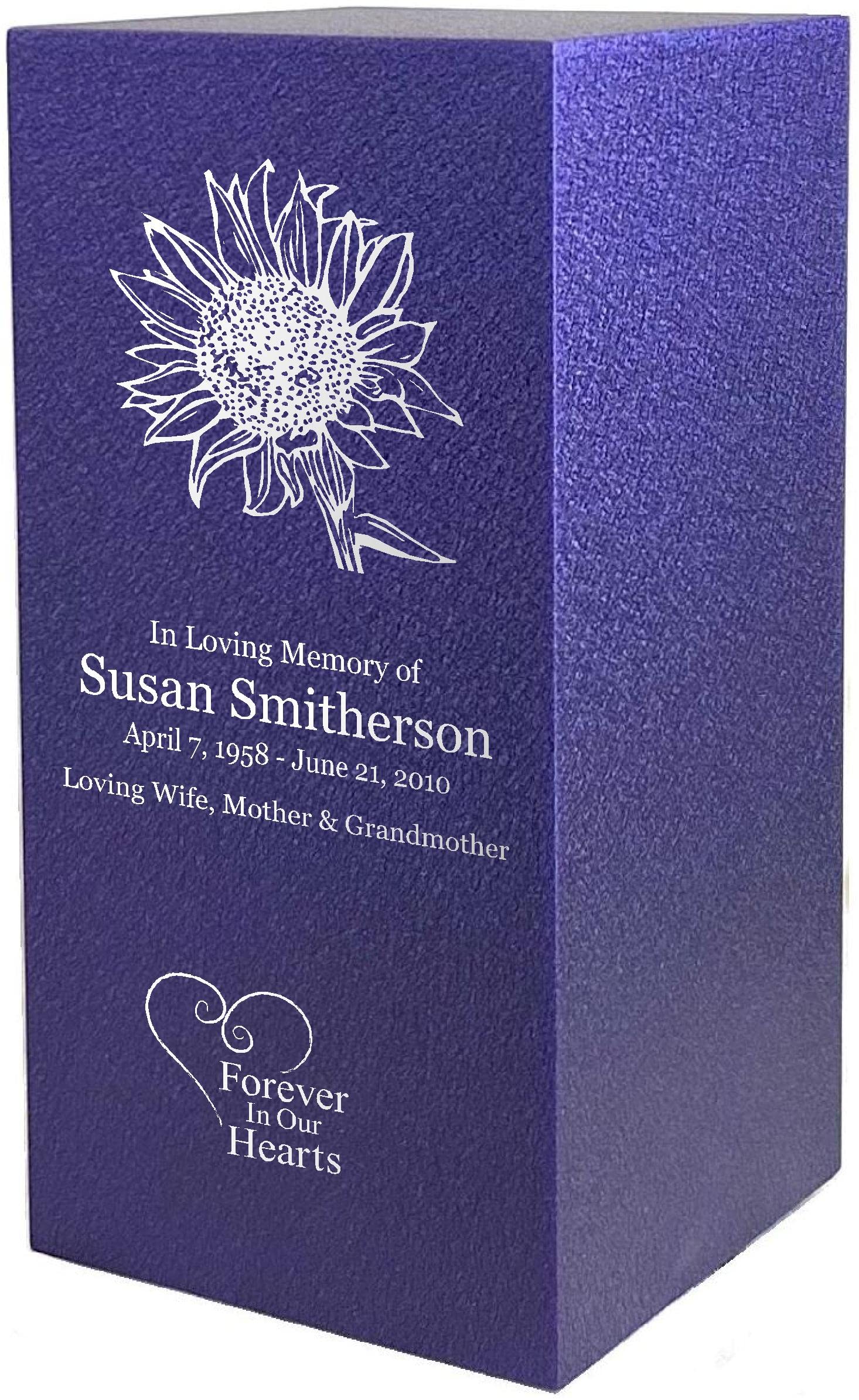 Amaranthine Urns - Sunflower Cremation Urn with Custom Engraving - Adult Size Funeral Urn for Ashes – Purple Color Option - Eaton DL Style - Made in USA