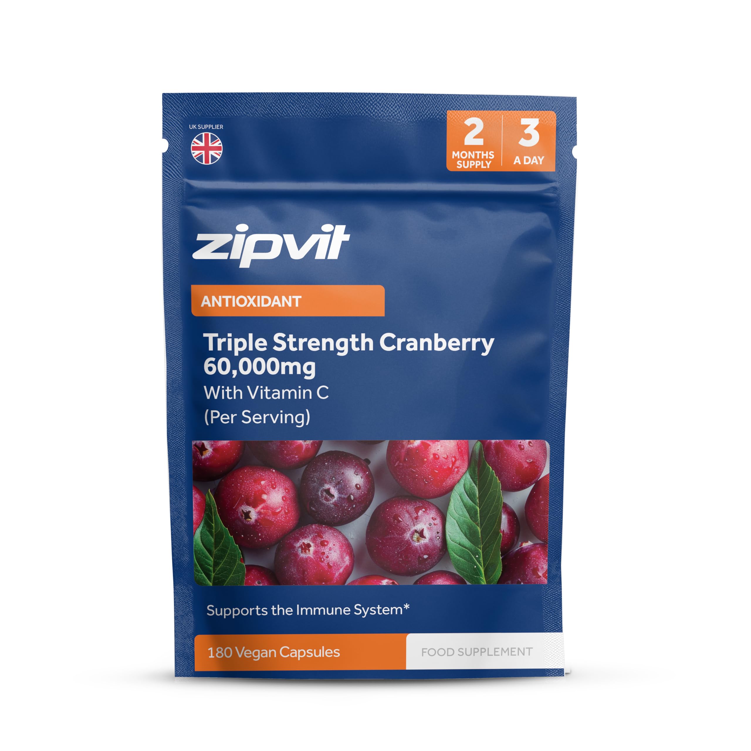 ZipvitTriple Strength Cranberry 60,000mg, High Strength Cranberry Extract with Vitamin C, 180 Vegan Capsules for Immune Support, 2 Month Supply, Supplement for Men & Women