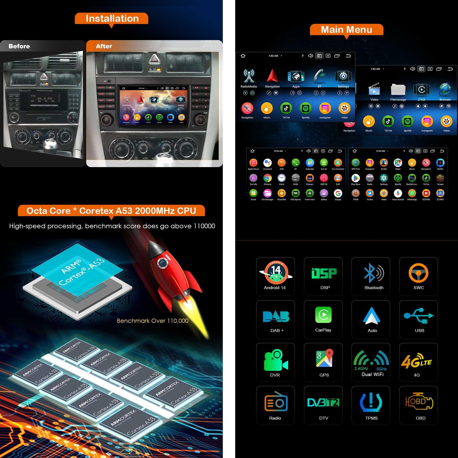 Erisin 8 núcleos 4GB+64GB Android 14 Radio Coche GPS Navegador para Mercedes Clase C/CLC/G W203 W463 7 Pulgadas IPS Pantalla Táctil Soporte CarPlay Android Auto Bluetooth DSP WiFi Dab+ FM OBD2 TDT