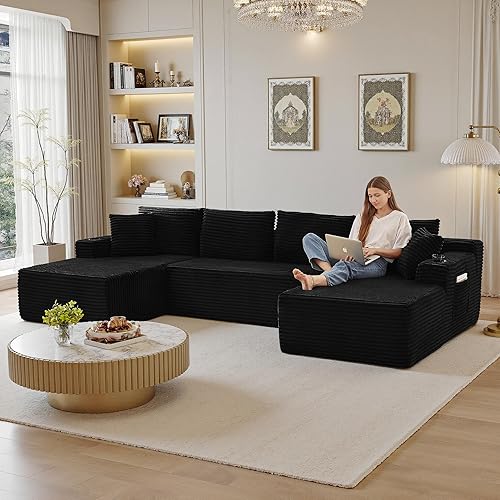 Miniatura 69 de Sofás seccionales de 96 pulgadas para sala de estar, sofá de nube tapizado en forma de L, sofás modulares modernos con diván (negro, 96 pulgadas de