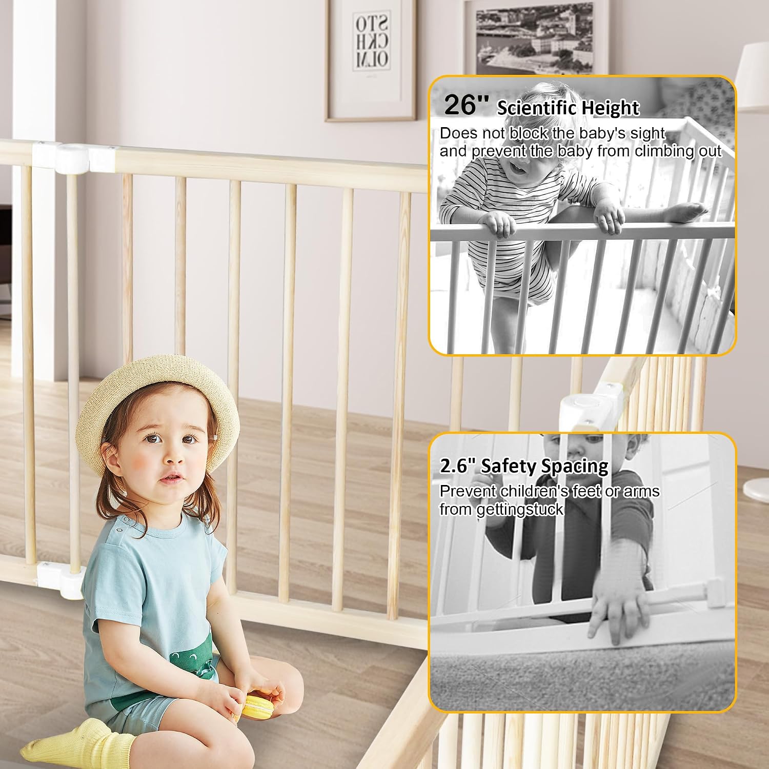 Natural Wood Baby Playpen with Gate & Anti-Slip Base, Large Safety Play Fence for Babies & Toddlers, Portable 6 Panel Kids Activity Center, 26" Tall Indoor Play Yard