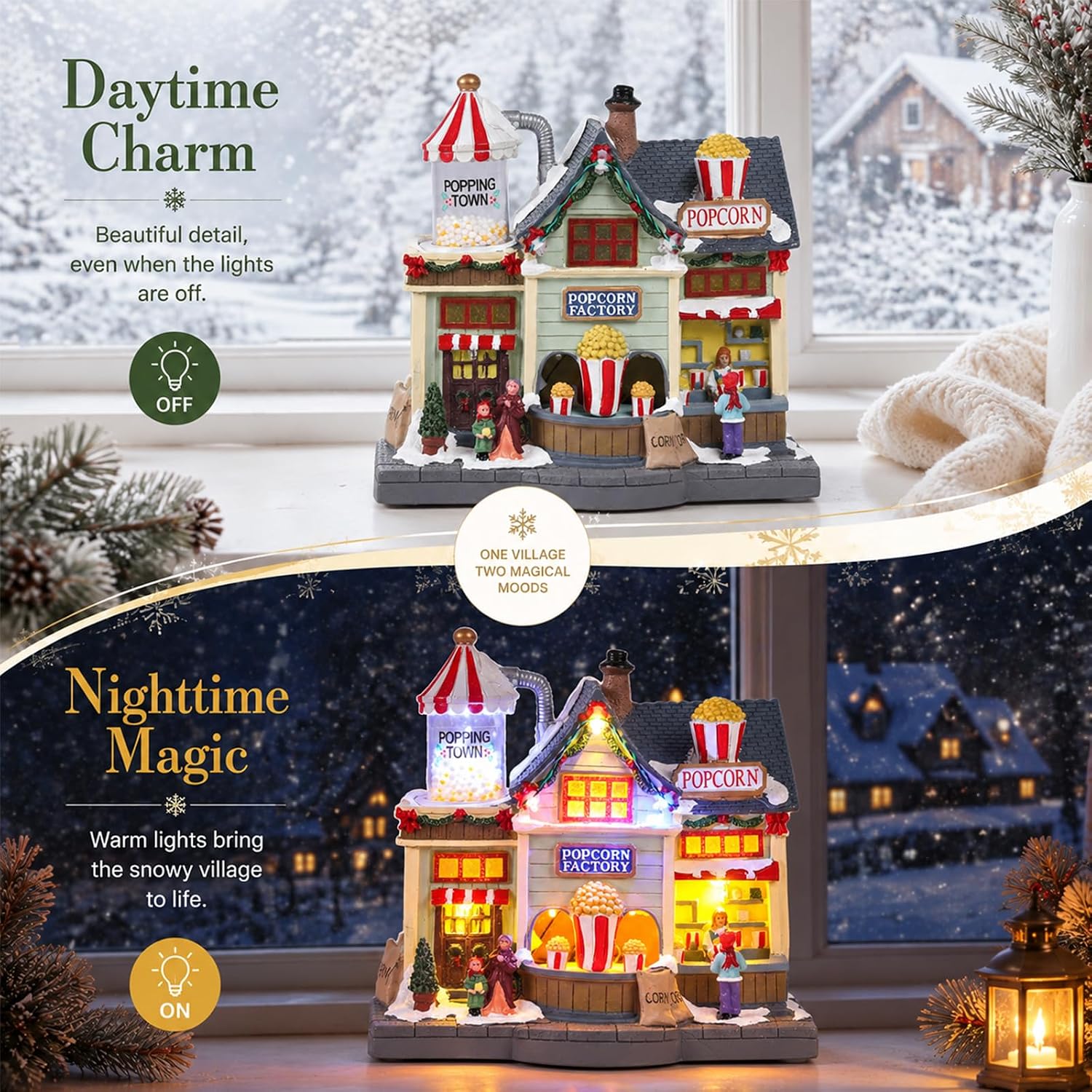 MUMTOP Animated Christmas Village, Lighted Popcorn Factory Christmas Houses