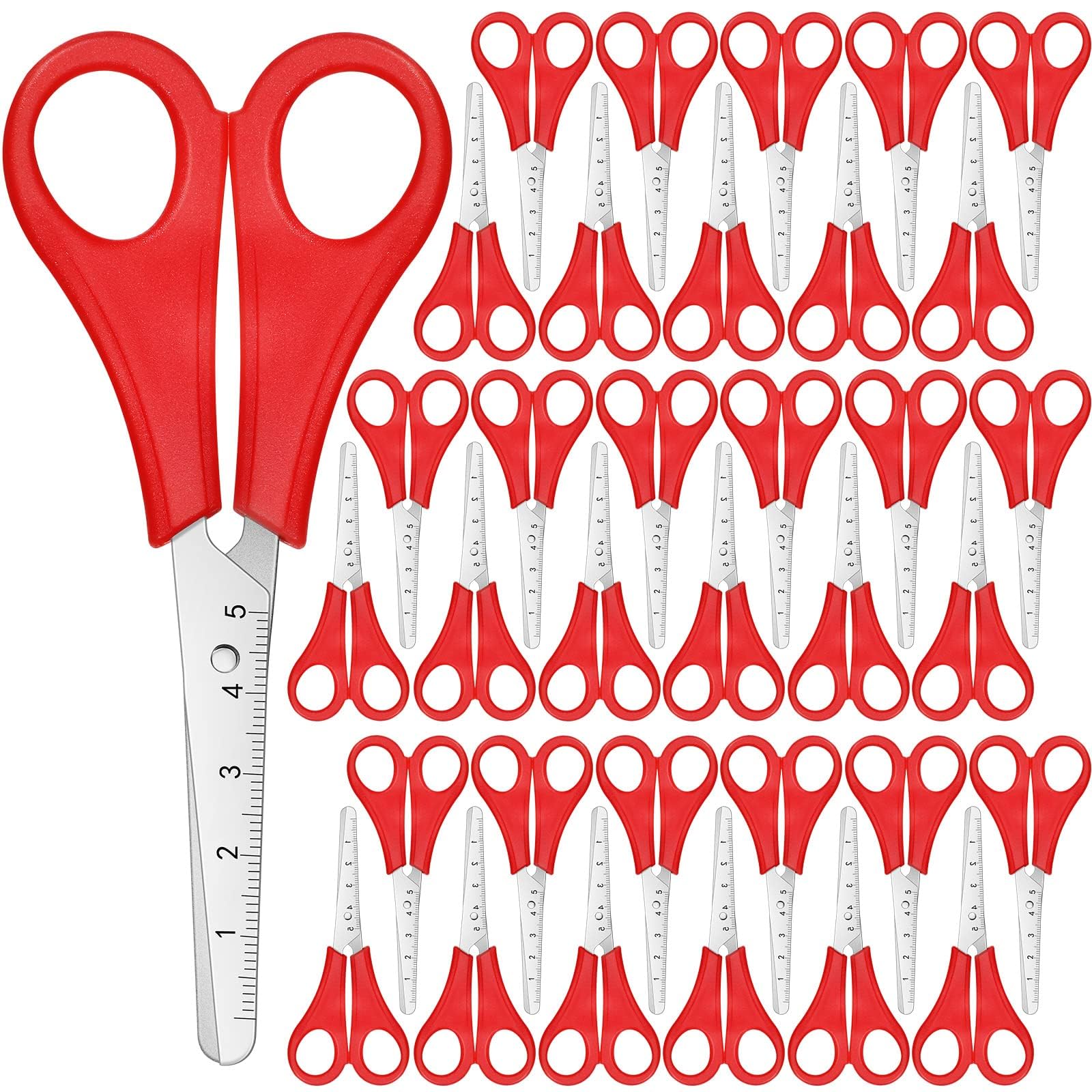 Kids Scissors, 5 Inch Blunt Tip Safety Scissors Stainless Steel Paper Scissors with Comfort Grip Handles and Scale for Students Craft for Cutting Regular Paper, Cards for Classroom (Red)(35 Pack)