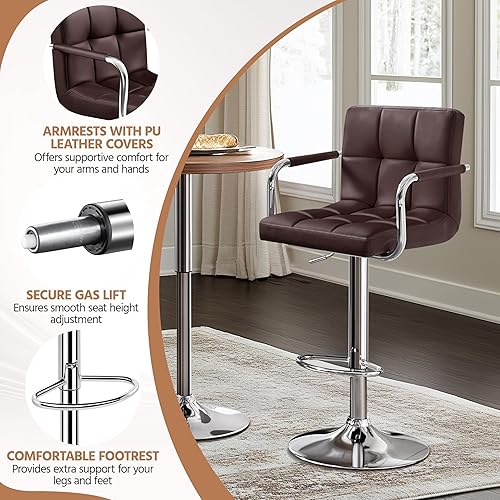 Miniatura 4 de Yaheetech Bar Stools Set of 2, Adjustable PU Leather Swivel Barstools, Modern Counter Stools with Back and Footrest, Counter Height Barstools for