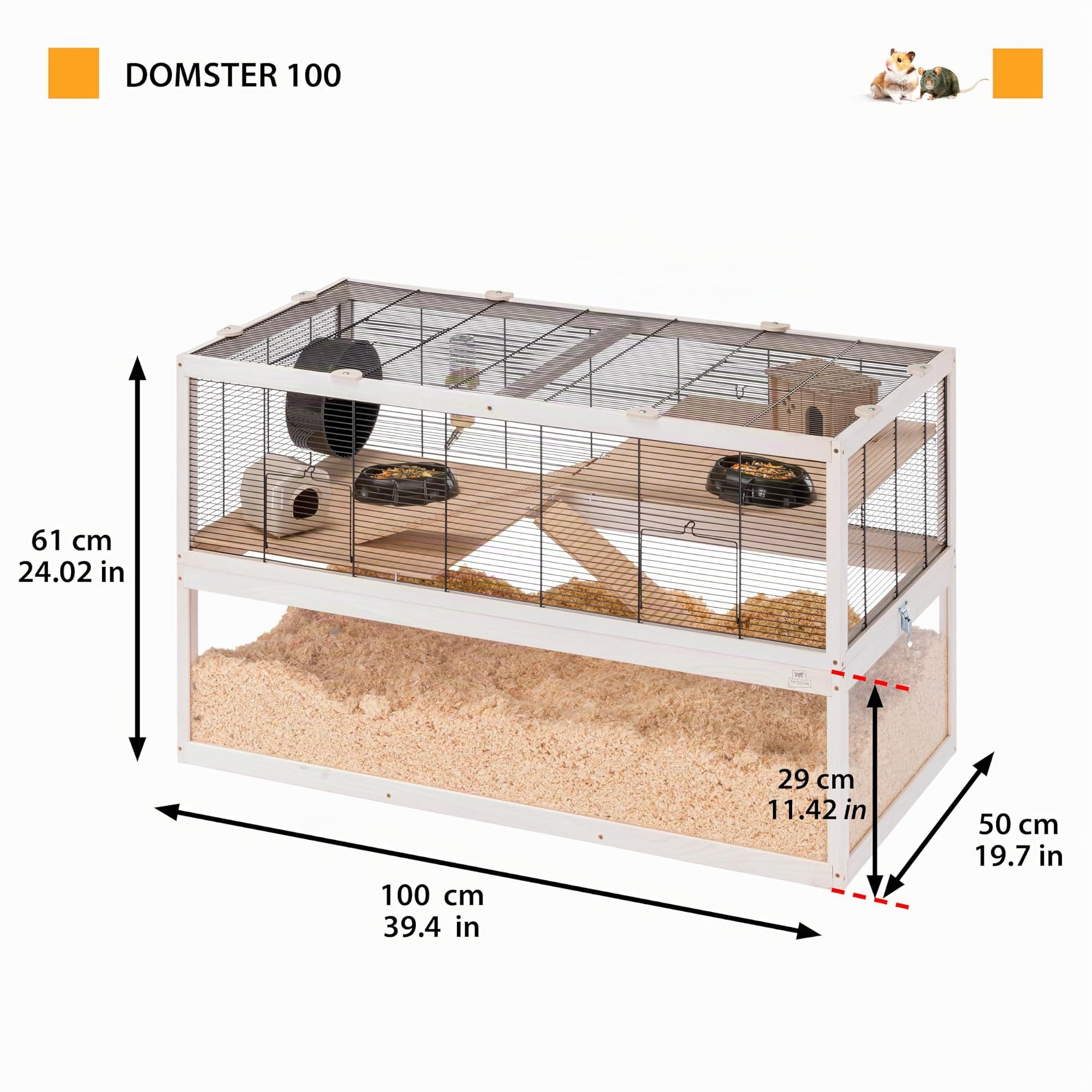 Ferplast Jaula Hámster DOMSTER, Jaula para Ratones, 3 Niveles, con Accesorios, Plataformas y Escaleras, Malla metálica y Madera FSC, Base Transparente, Jaula para Hámster de Madera 100 x 50 x h 61 cm