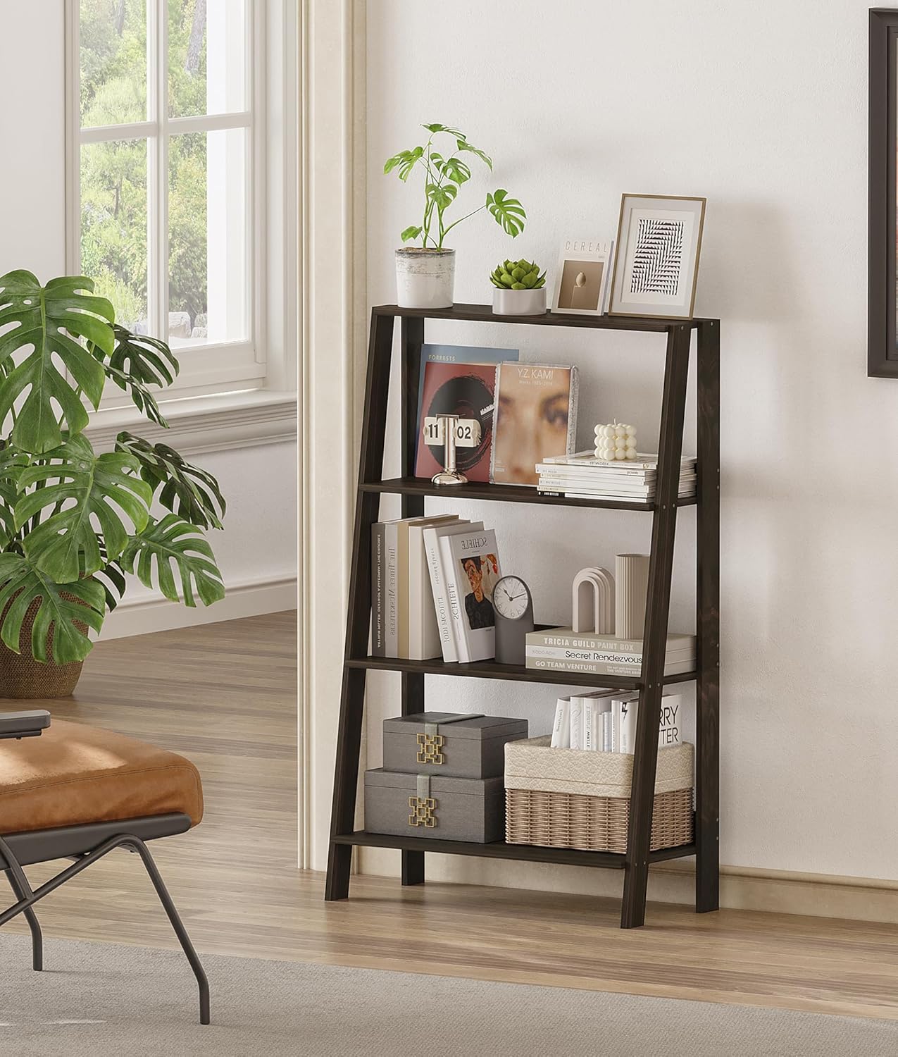 3 Tier Bathroom Ladder Shelf, Freestanding Open Shelving Unit, Toilet Ladder Shelf for Storage, Small Bookshelf for Living Room Kitchen Bedroom Balcony, Black